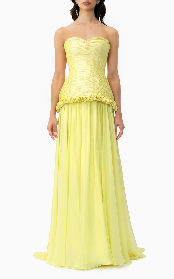 strapless pleated gown with floral trim – MARIGOLD