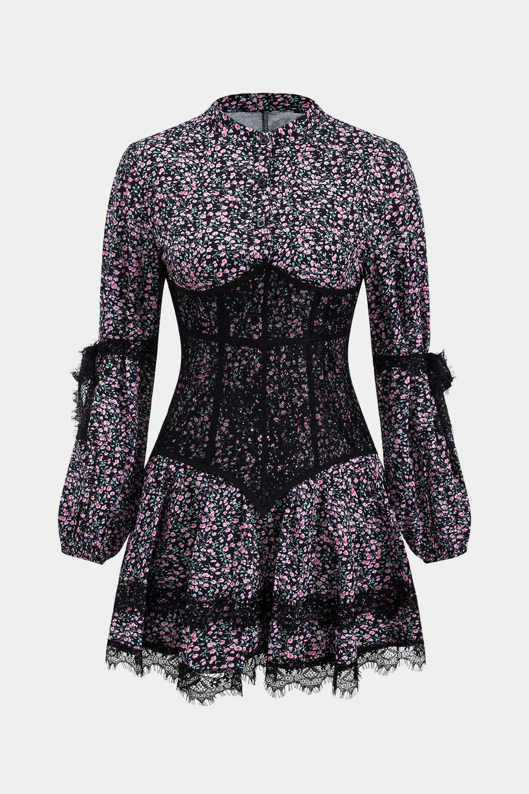 Ditsy Floral Print Lace Trim Corset Long Sleeve Mini Dress –