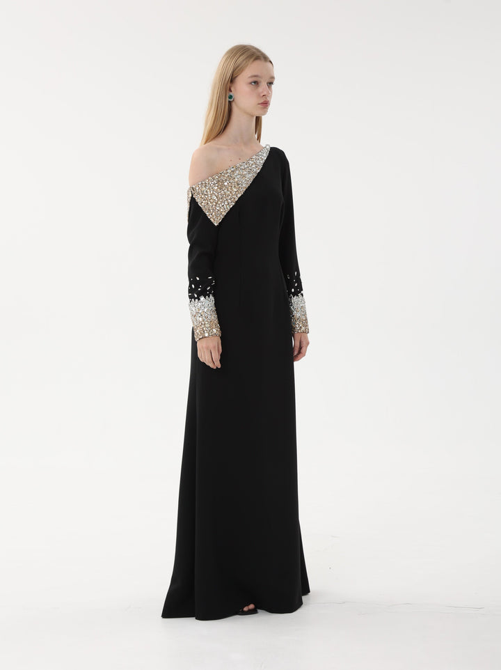 one-shoulder gown with crystal embellished cape sleeve – AURORA