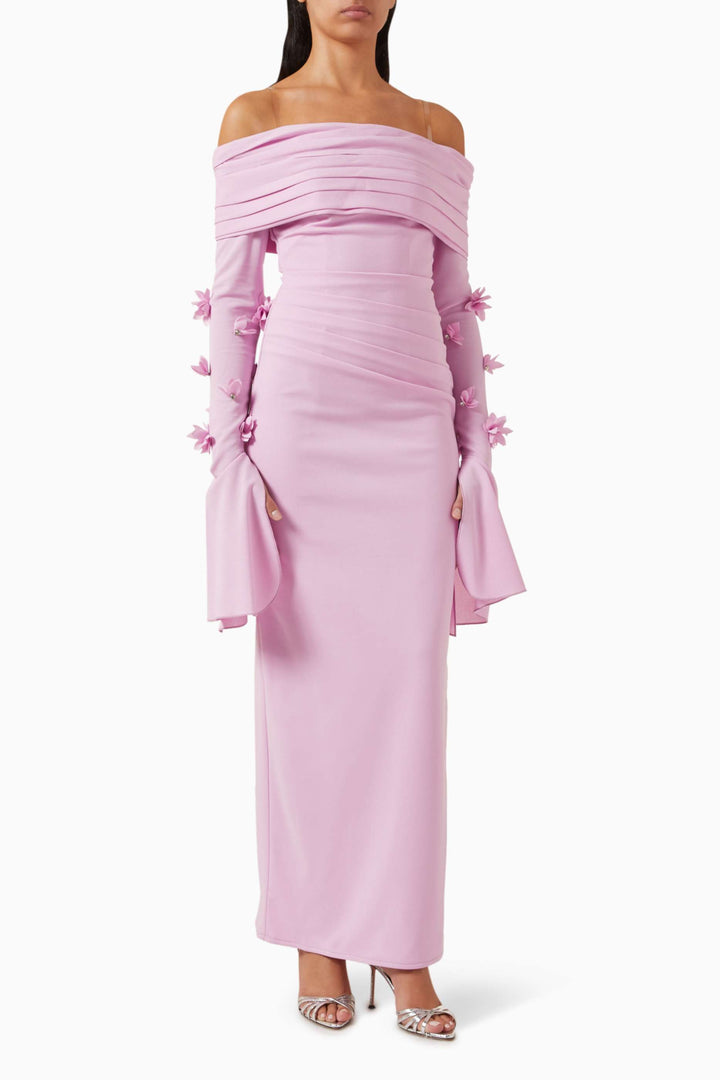 off-shoulder gown with floral appliqué sleeves – BLOSSOM