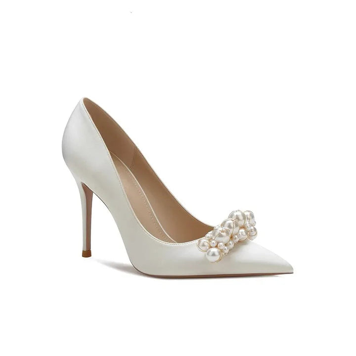 satin pointed-toe heels with crystal leaf embellishment – SERENATA