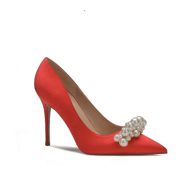 satin pointed-toe heels with crystal leaf embellishment – SERENATA
