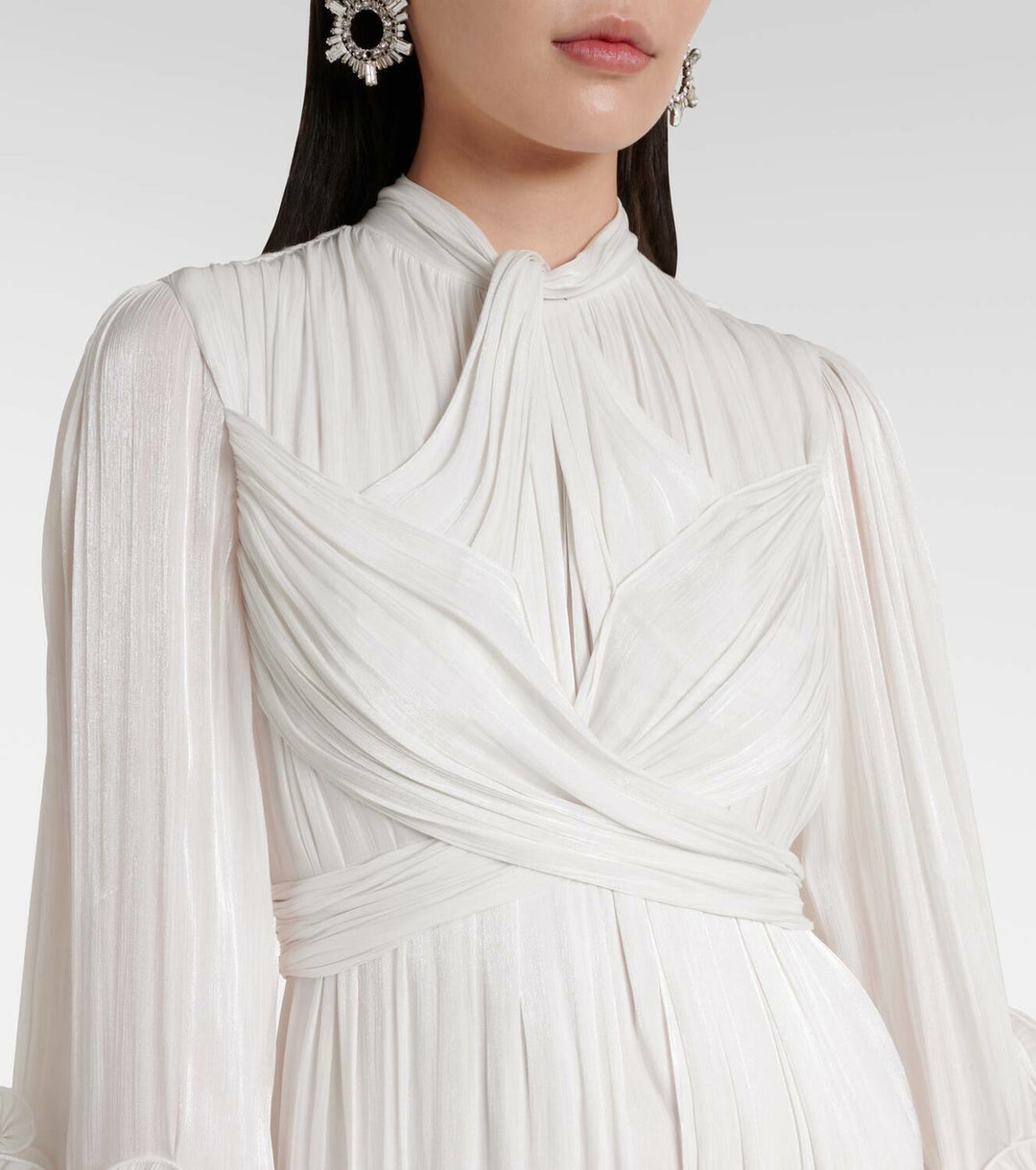 pleated chiffon midi dress with floral cuffs – FUCHSIA