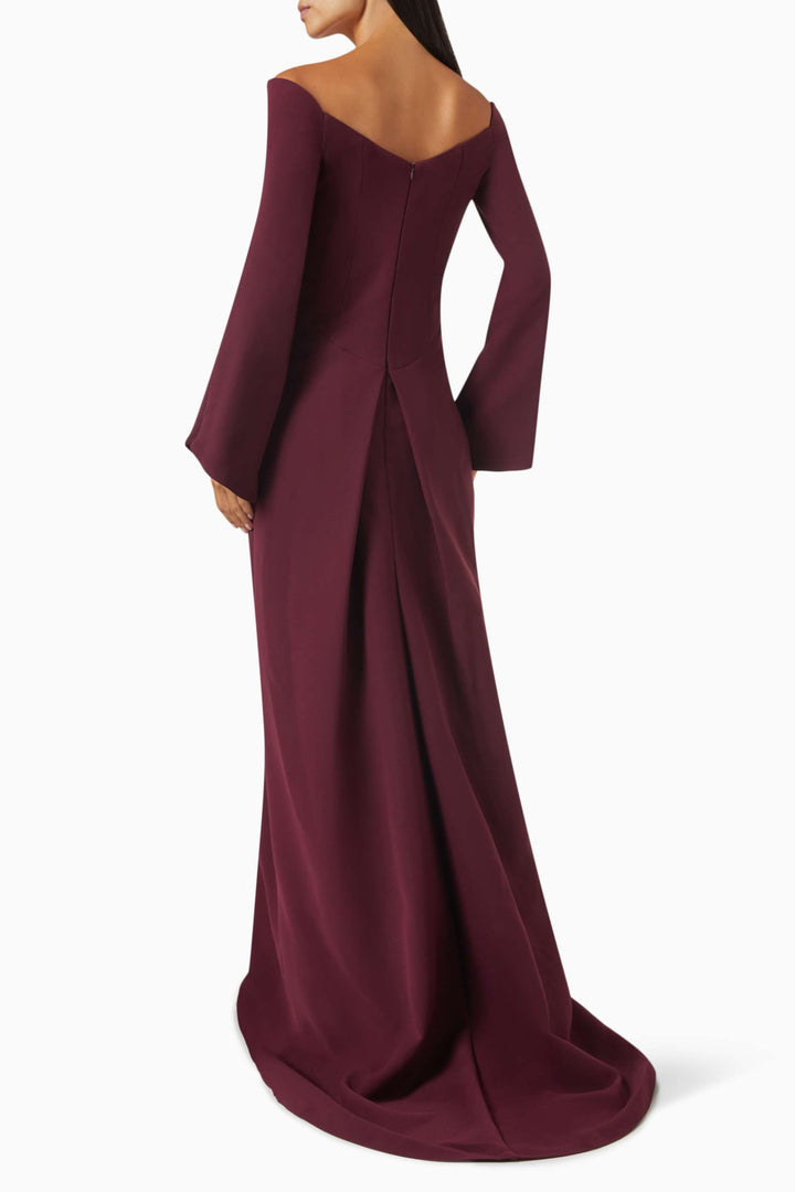 off-shoulder gown with flared sleeves – MERLOT