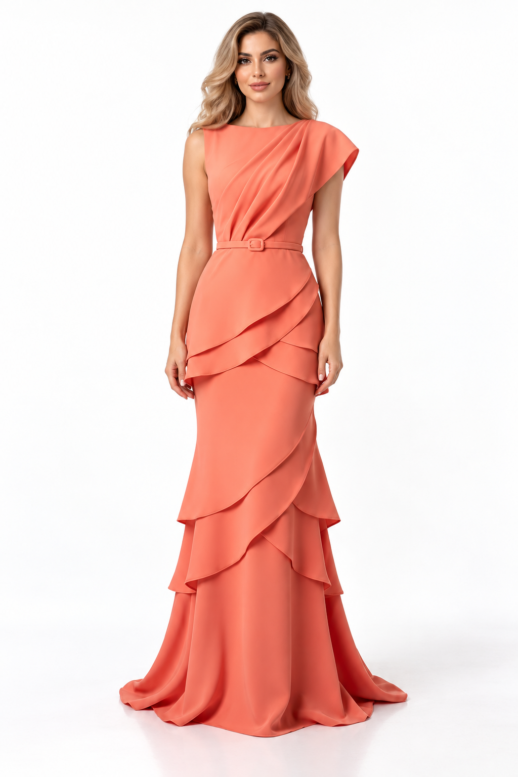 Asymmetric Draped Layered Evening Gown - Cascade