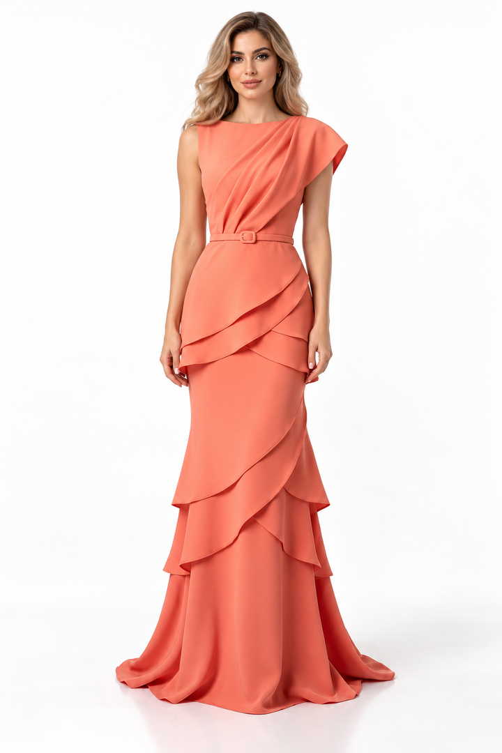 Asymmetric Draped Layered Evening Gown - Cascade