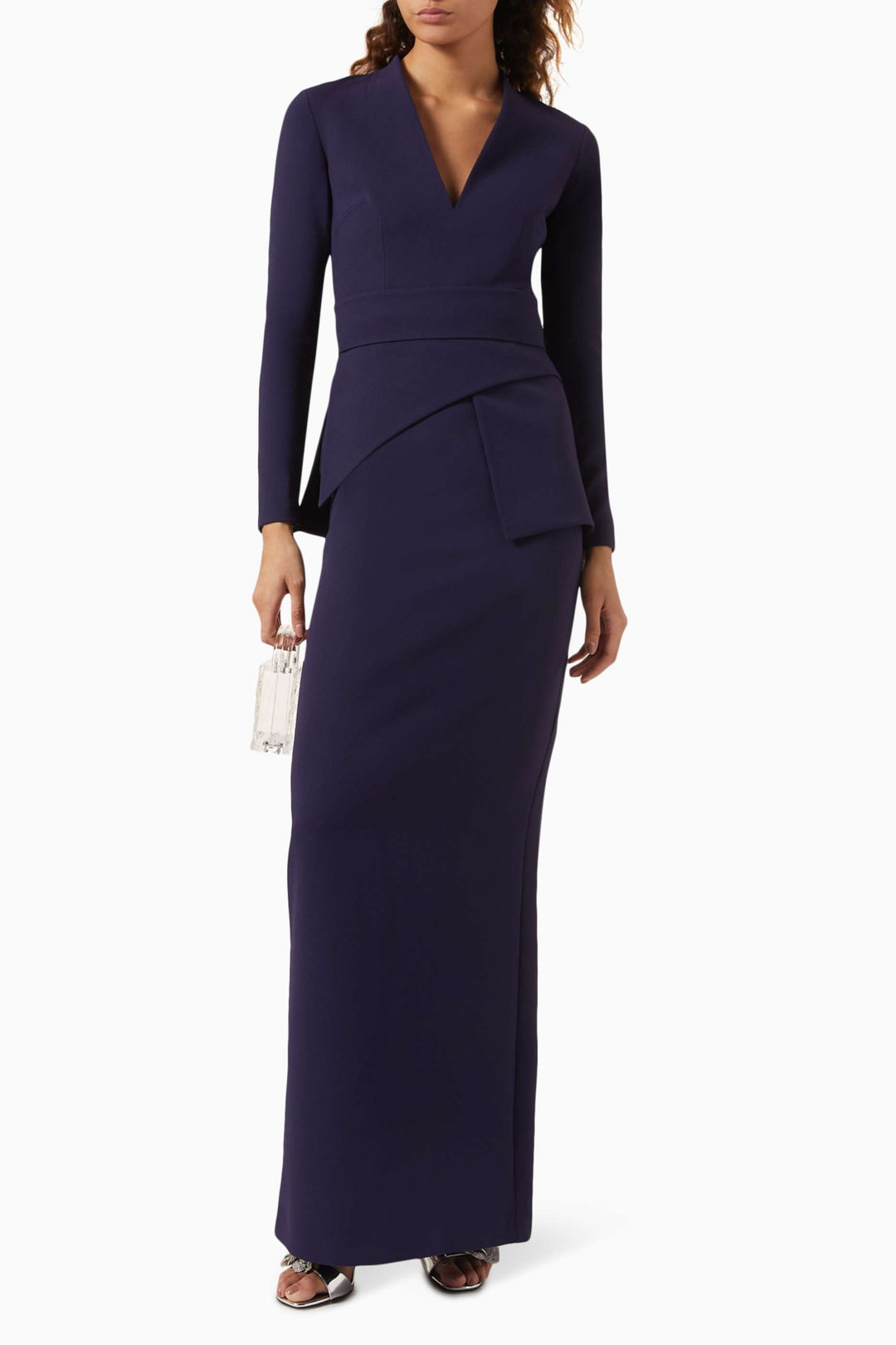 Long-sleeve gown with structured peplum waist – NOIRÉ