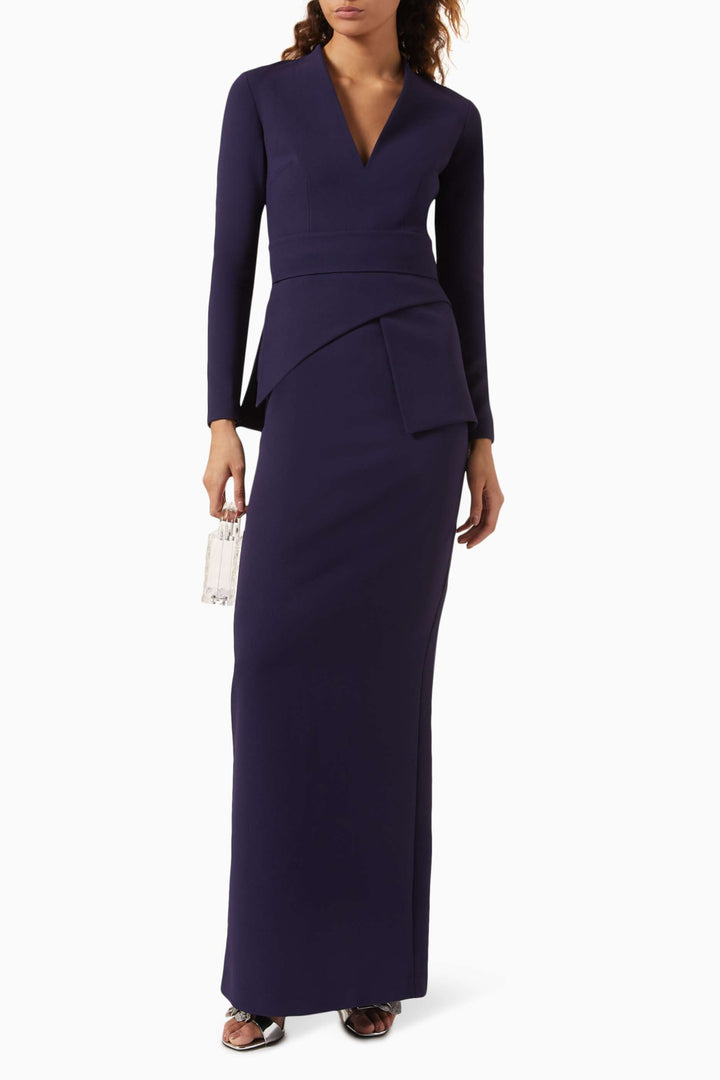 Long-sleeve gown with structured peplum waist – NOIRÉ