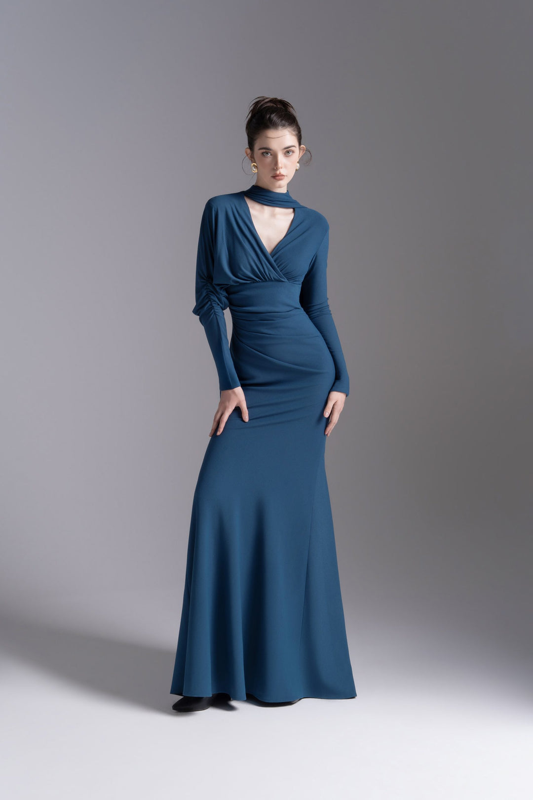 Draped V-neck gown with scarf detail – AURELIA