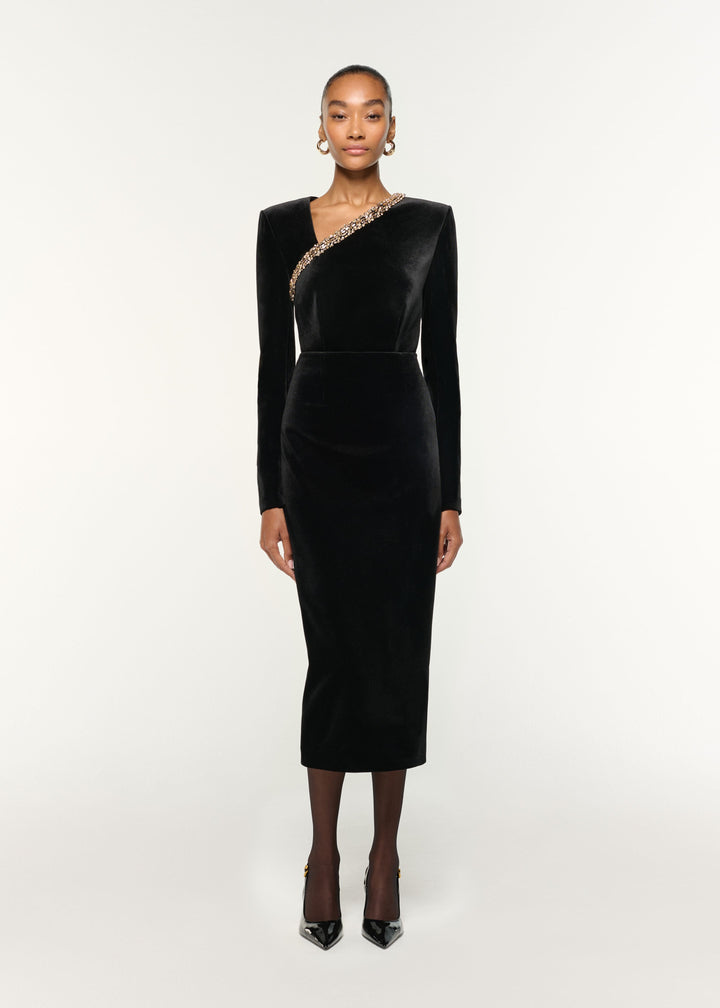 velvet midi dress with embellished asymmetric neckline – NOIRINE