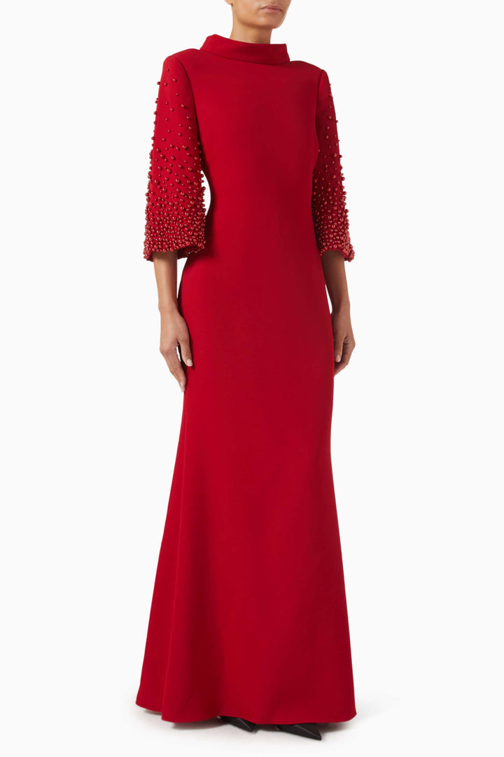 Beaded sleeve column gown with high neckline – SCARLETTA