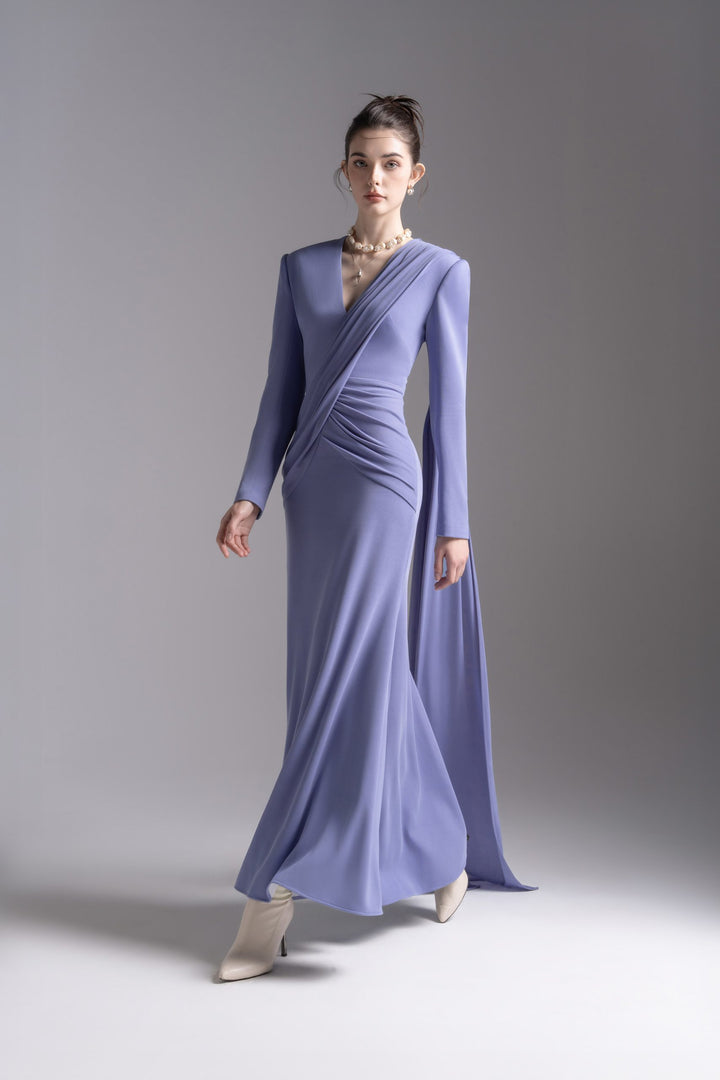 Draped V-neck long-sleeve gown – LAVENYA