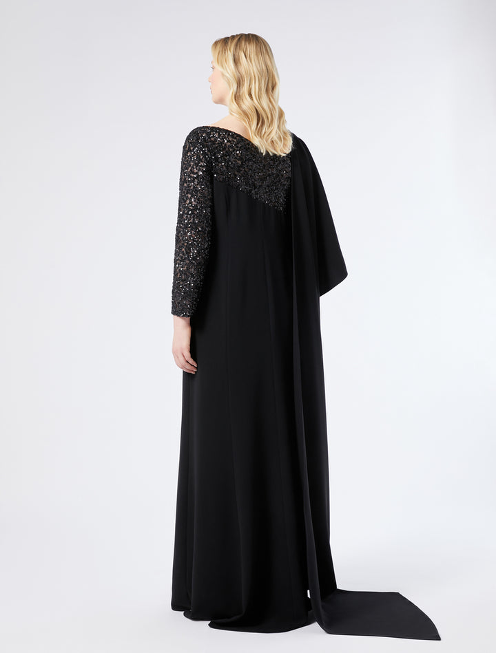 sequin-paneled gown with draped asymmetric cape – ELYANA