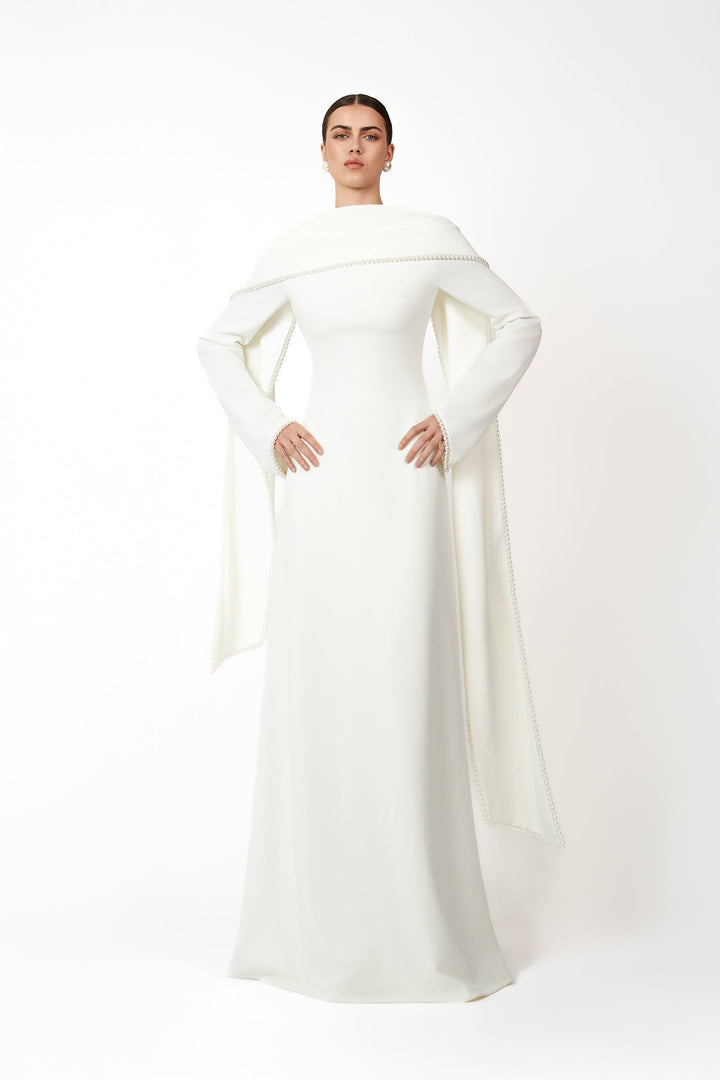long-sleeve gown with draped pearl-trimmed cape – IVORY GRACE