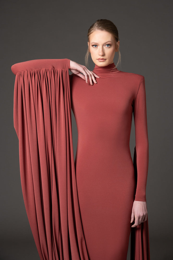 high-neck column gown with dramatic draped sleeves – OLIVIAE