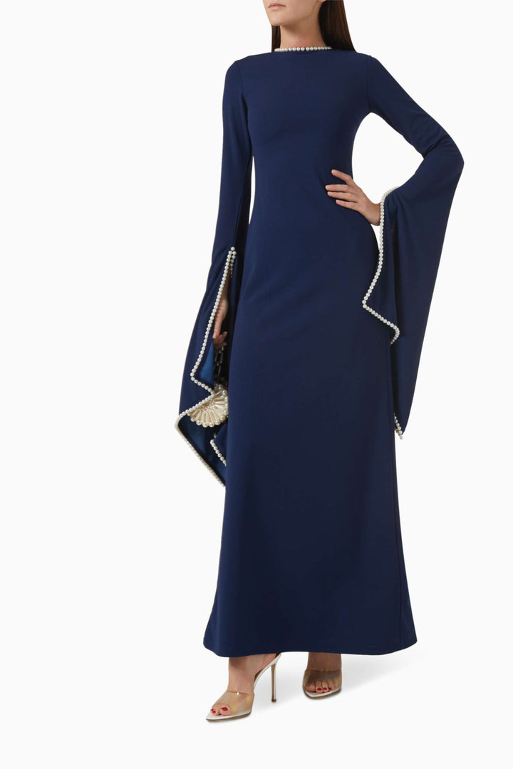 long-sleeve gown with pearl-trimmed flared cuffs – OPHELIA
