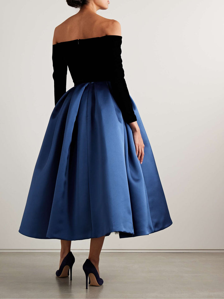 off-shoulder velvet top dress with satin pleated skirt – NOIR BLUE
