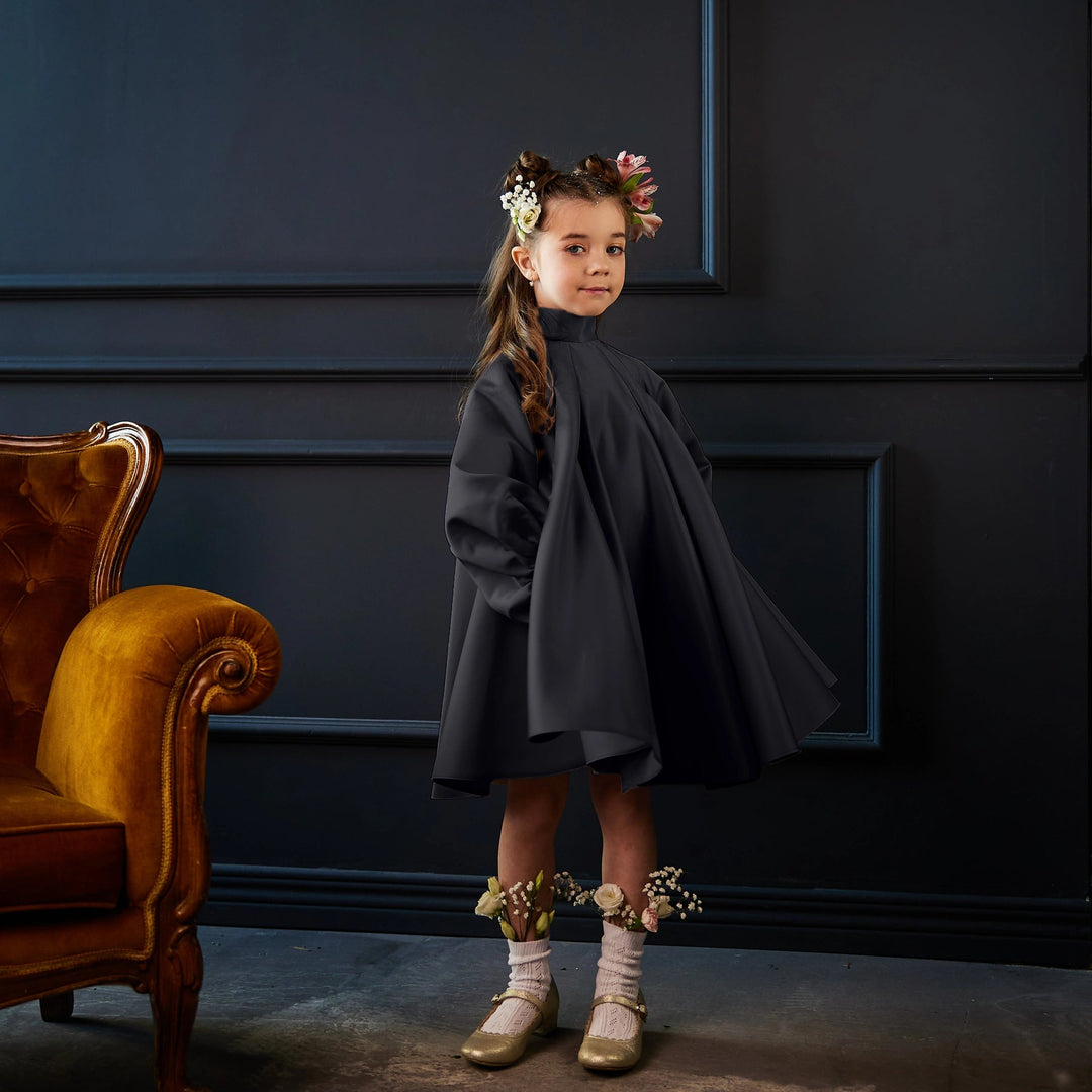 High-Neck A-Line Dress with Balloon Sleeves – PETALIA