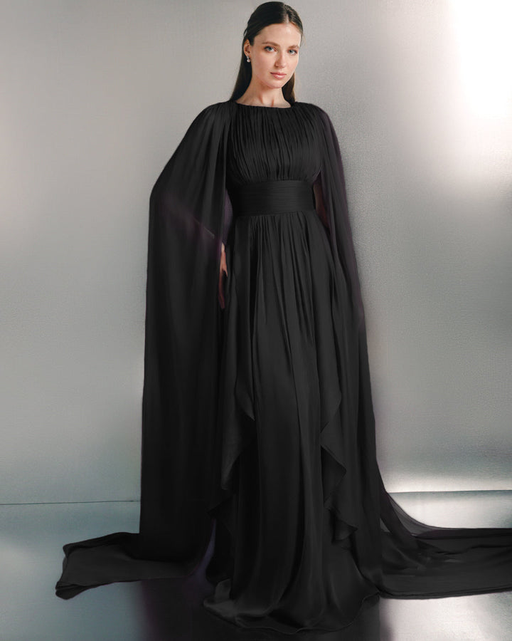 pleated chiffon cape evening gown with defined waist – VIOLETTA