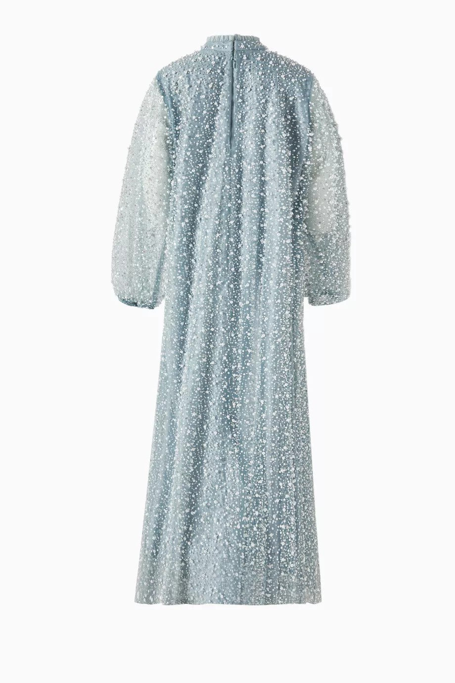 فستان ماكسي مزين بالترتر بياقة عالية وأكمام شفافة - ضبابي