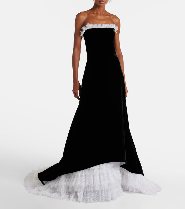 Strapless velvet gown with lace ruffle hem – OSAMA