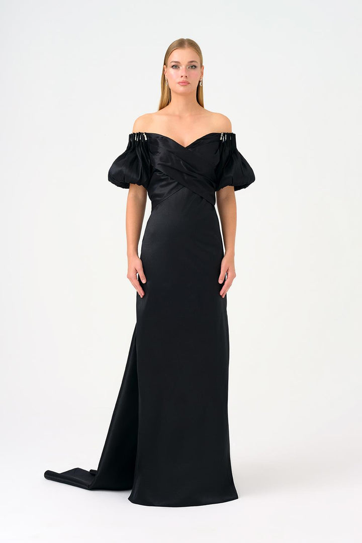 off-shoulder satin gown with puff sleeves – AURELIA