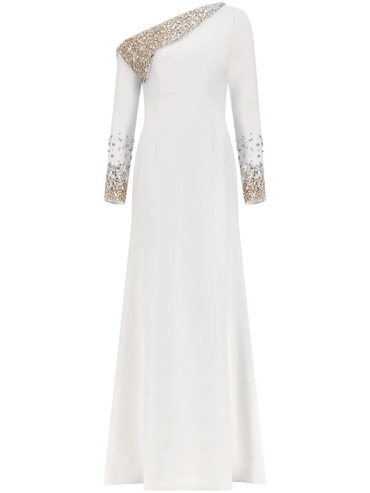 one-shoulder gown with crystal embellished cape sleeve – AURORA