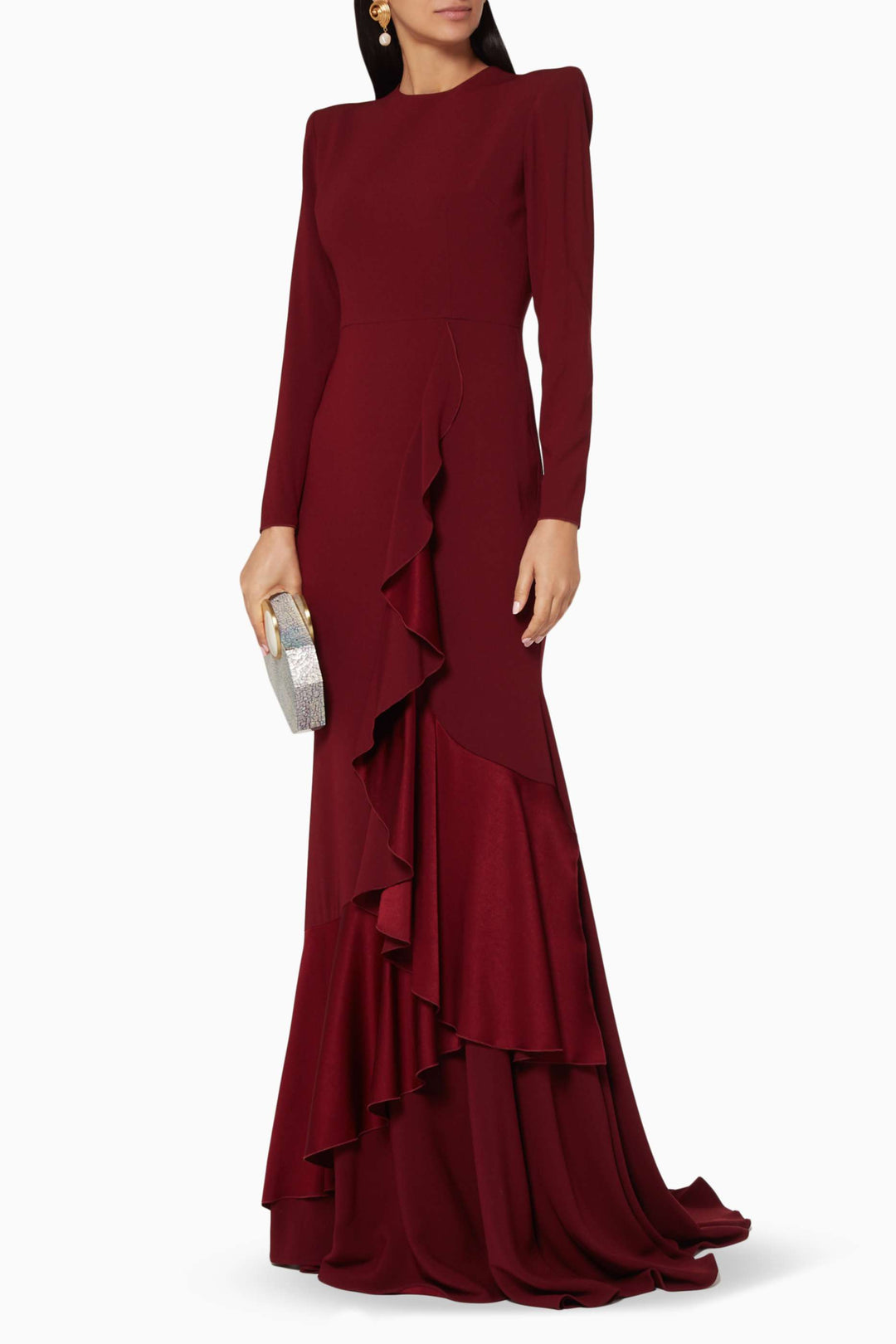 long-sleeve ruffled cascading gown – BORDEAUXG