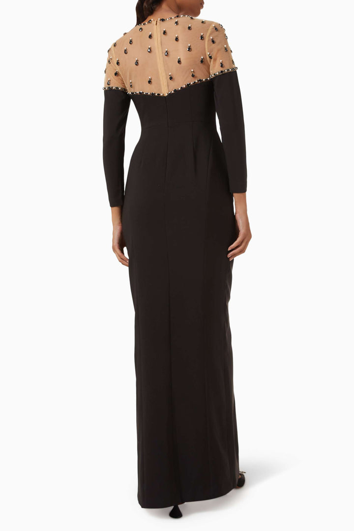 long-sleeve gown with embellished sheer yoke – NOIR