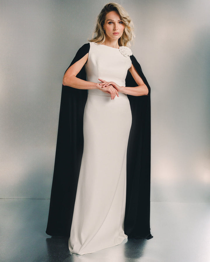 two-tone column gown with draped cape sleeves – AURORA