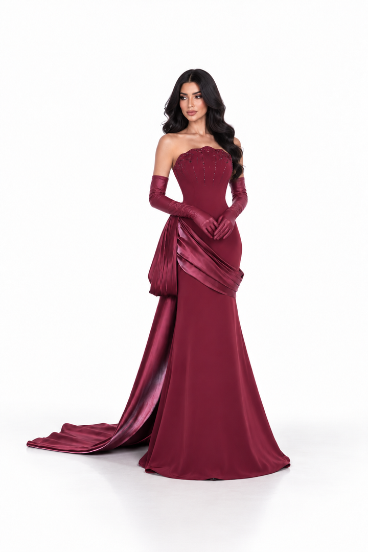 Draped Satin Mermaid Gown - Ruby