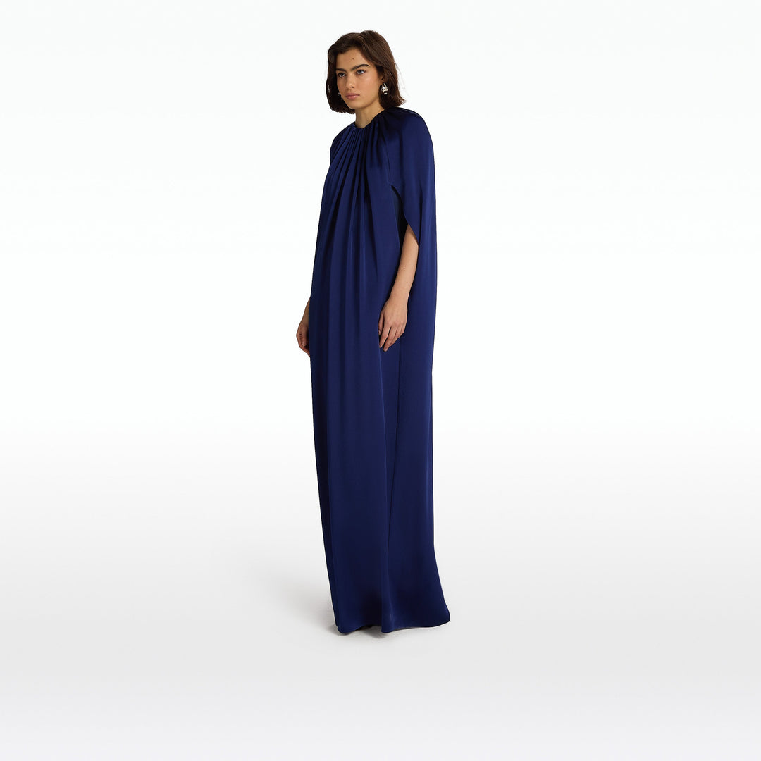 High-neck cape sleeve satin gown – CELESTE