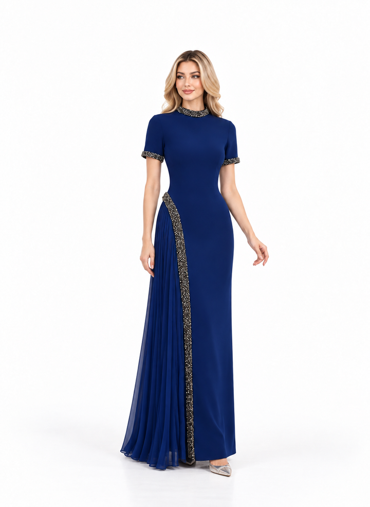 Crystal Trim Draped Gown - Sapphire