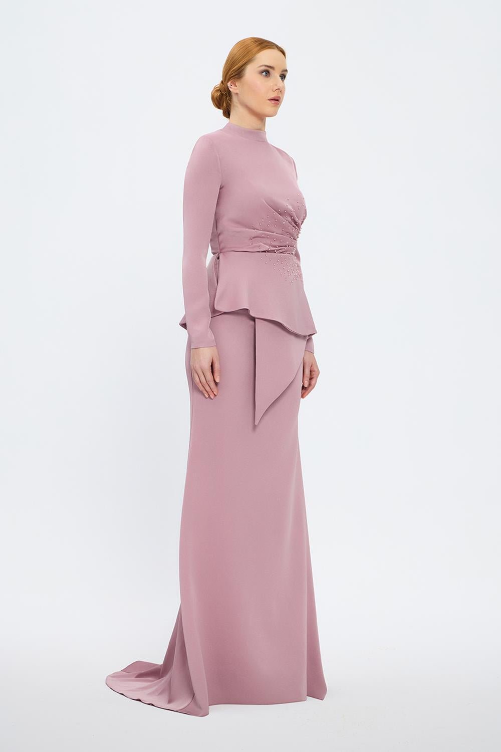 long-sleeve peplum gown with crystal draping – SERENE