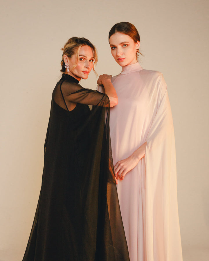 sheer cape maxi gown with high neckline – BLUSH