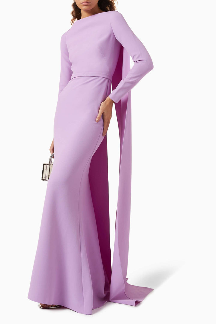 Long-sleeve cape gown with fitted waist – AMETHYST