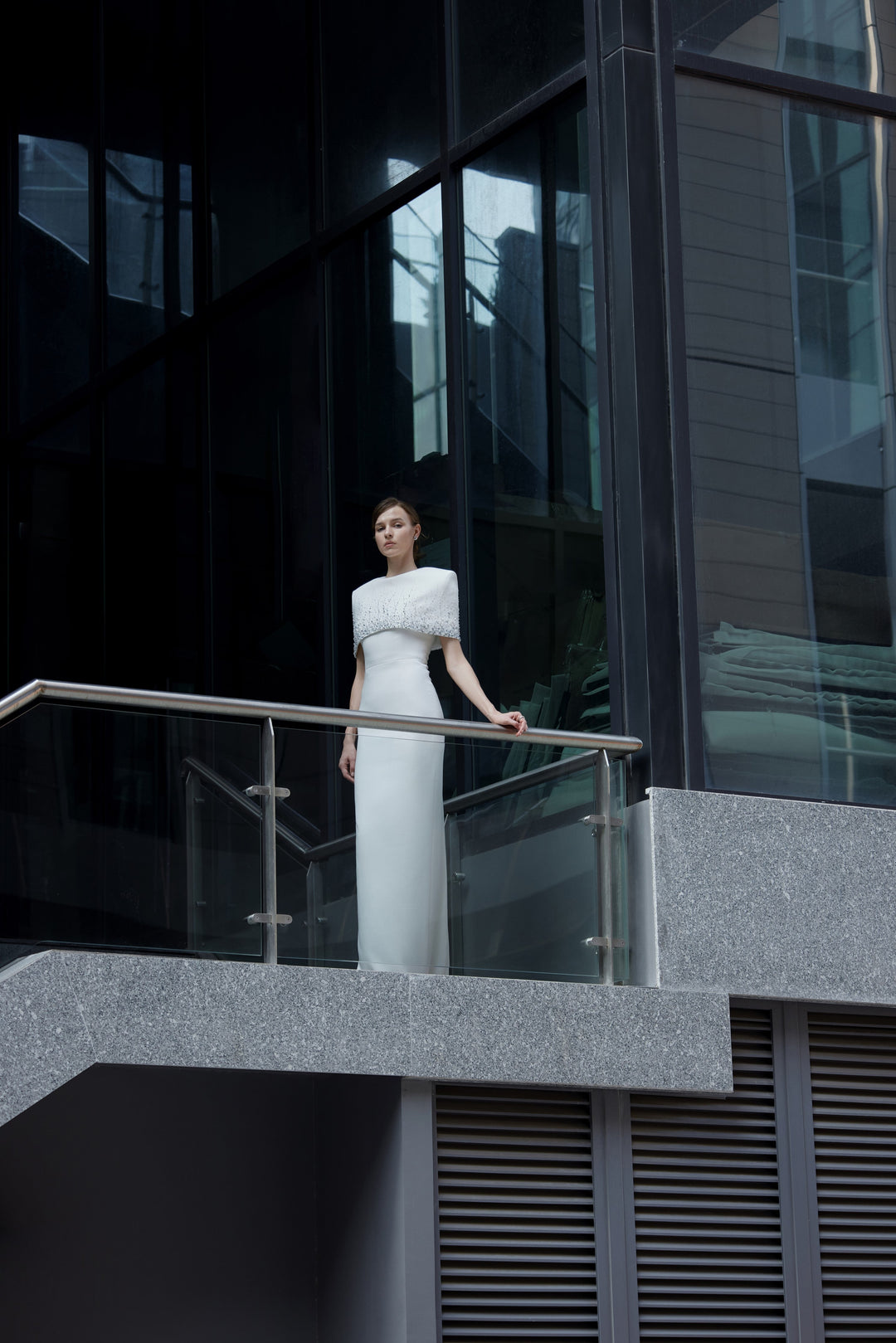 embellished cape-detail column gown – QOLEII