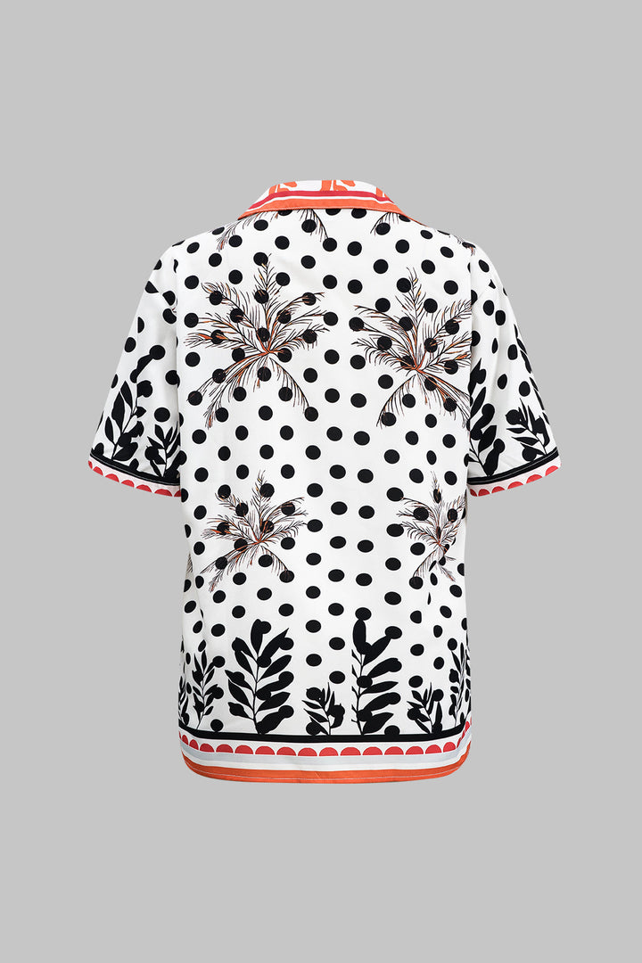 Polka Dots Print Button Short Sleeve Shirt And Ruched Tie Front Shorts Set