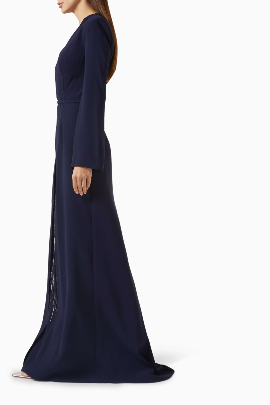 Structured gown with sequin-paneled slit – MIDNIGHTE