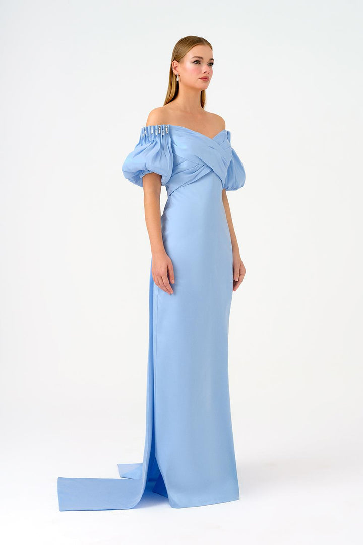 off-shoulder satin gown with puff sleeves – AURELIA