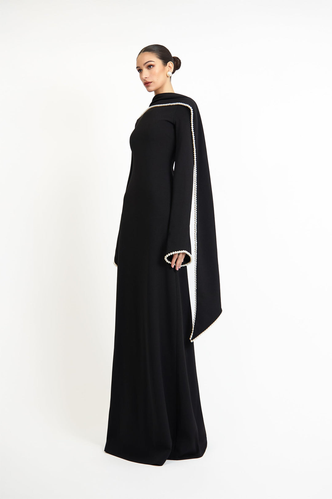 long-sleeve gown with draped pearl-trimmed cape – IVORY GRACE