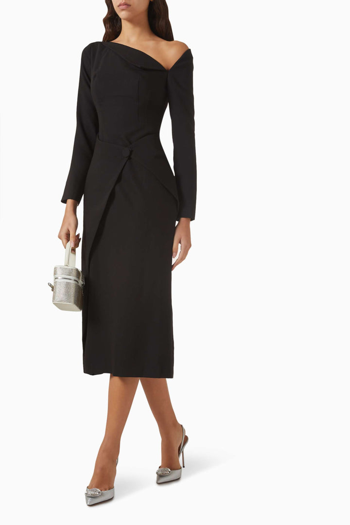 asymmetric long-sleeve wrap dress with contrast neckline – MONIQUE