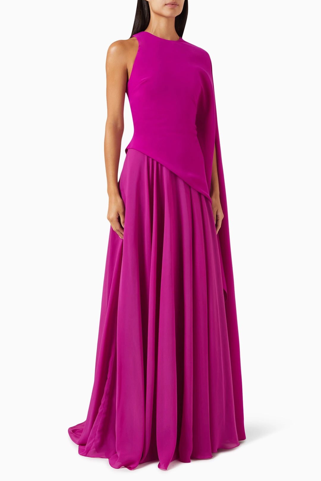 one-shoulder gown with flowing cape – DARIIEN