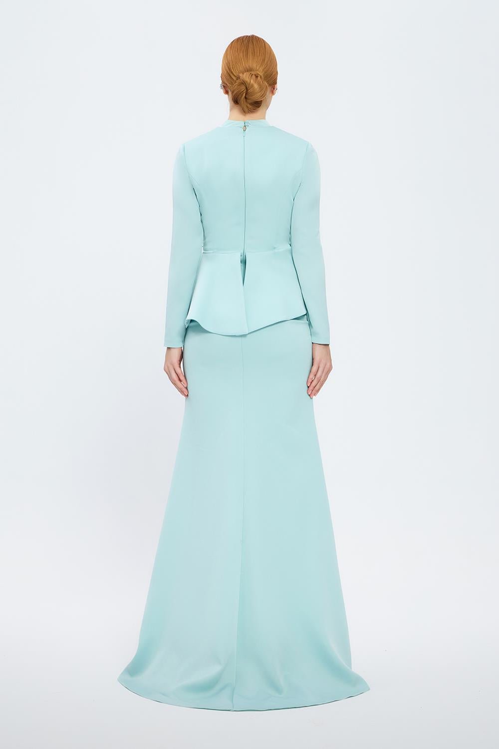long-sleeve peplum gown with crystal draping – SERENE