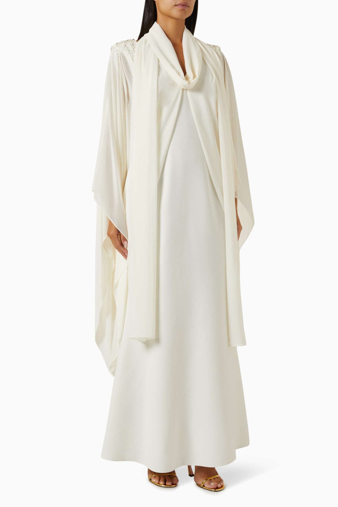 Draped cape gown with embellished shoulders – IVORYE