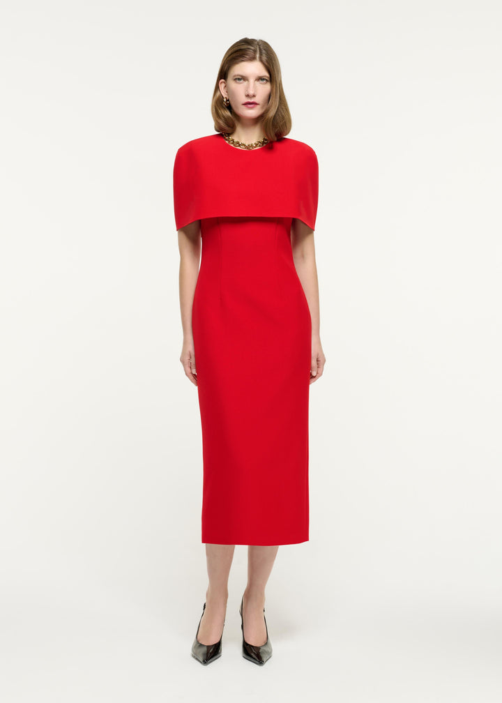 cape-overlay midi dress with structured silhouette – VALENTIA