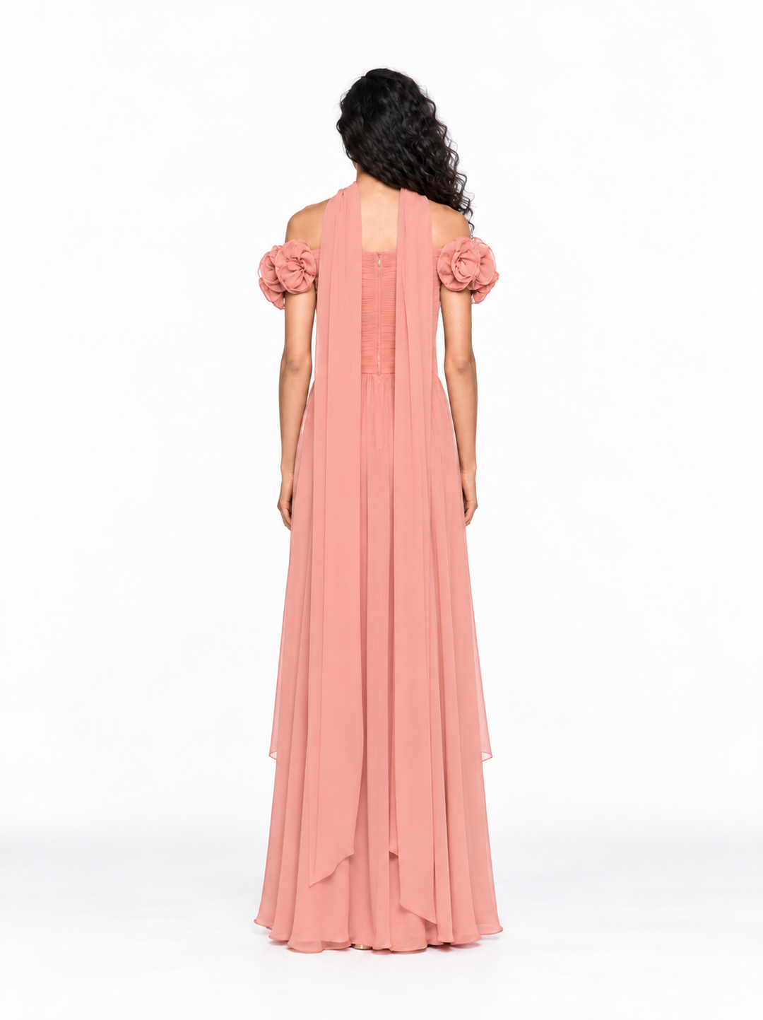 Floral Shoulder Chiffon Evening Gown - Roselune