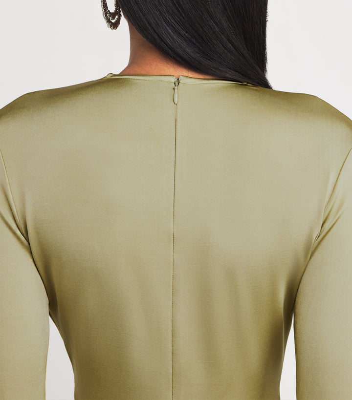 Deep V-neck draped gown with crystal embellishment – OLIVETTE