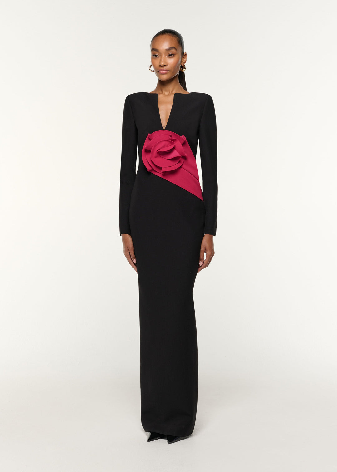 long-sleeve column gown with sculpted rose applique – ROSALIA
