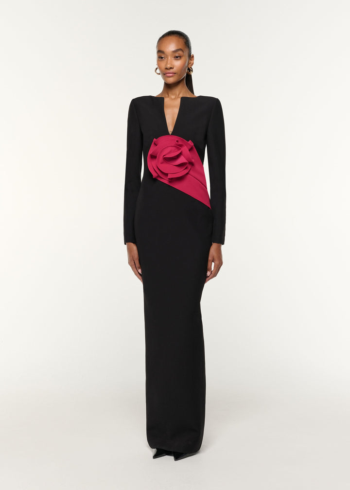 long-sleeve column gown with sculpted rose applique – ROSALIA